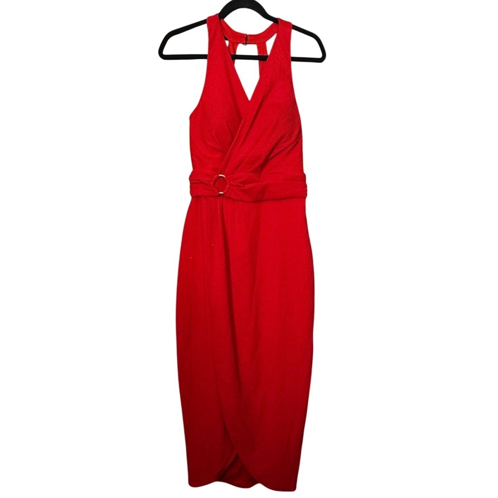 Sienna Halter Ruched Draping Midi Dress Sz 4 Red Classic Cocktail Party Wedding